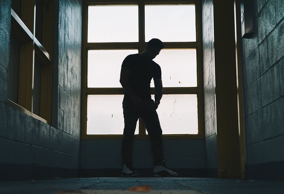 silhouette photo of a man standing near glass window, person, HD wallpaper