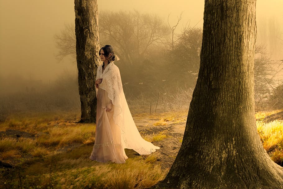 dramatic, fantasy, mystical, mood, woman, tree, plant, trunk HD wallpaper