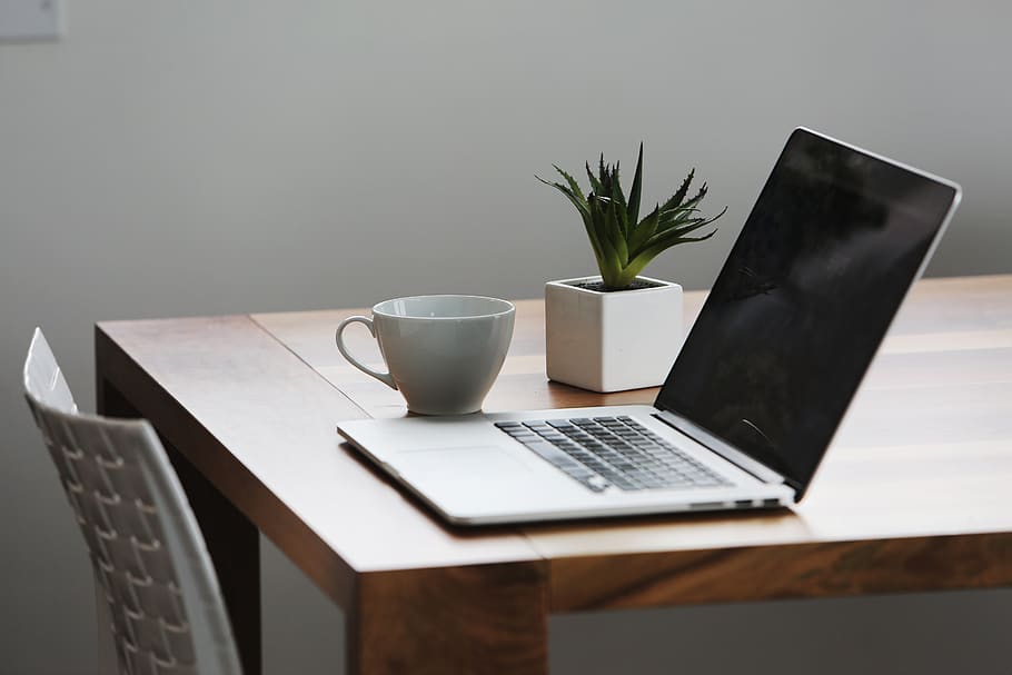 Silver Laptop Computer Next to Ceramic Cup, apple, coffee, desk HD wallpaper
