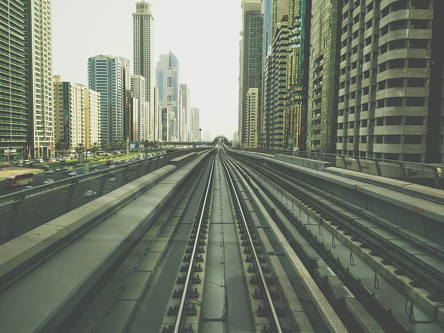 dubai, railway, train, architecture, dubai metro, urban, city HD wallpaper