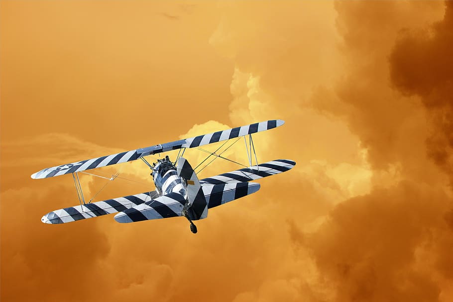 warbirds, biplane, clouds, orange, red, flight, classic, airport, HD wallpaper