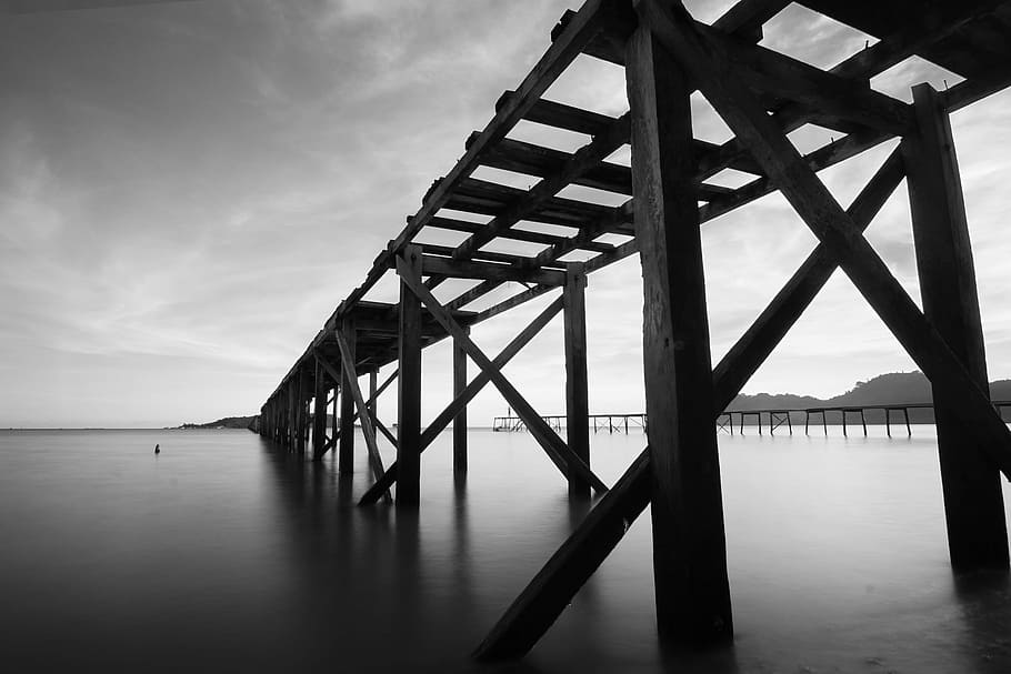 Grayscale Photo of Bridge, black and white, clouds, dock, mountains HD wallpaper