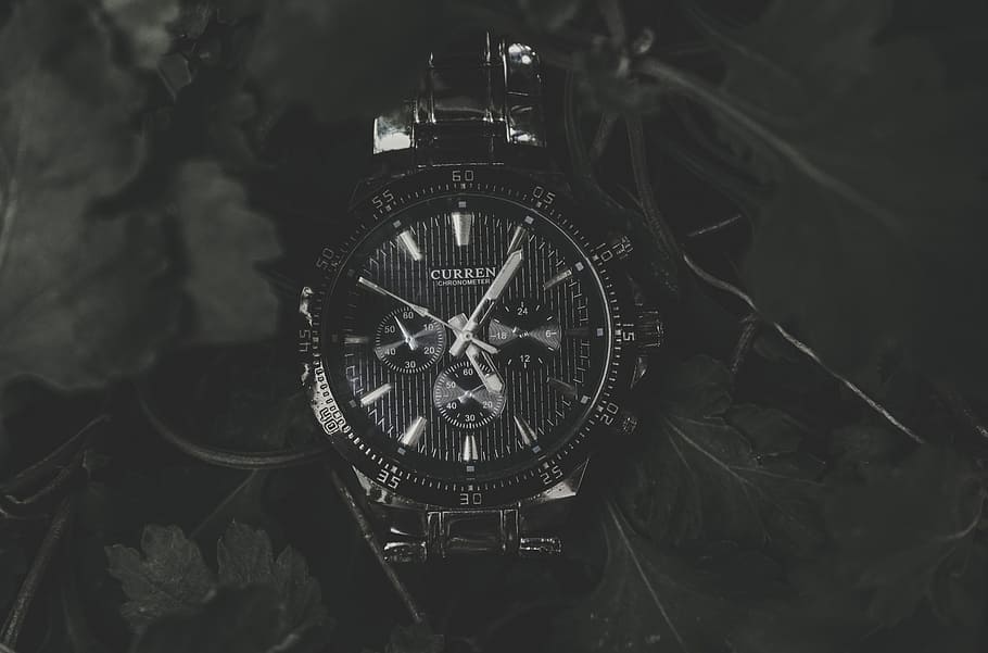 Round Black Current Chronograph Watch With Link Bracelet, Analogue