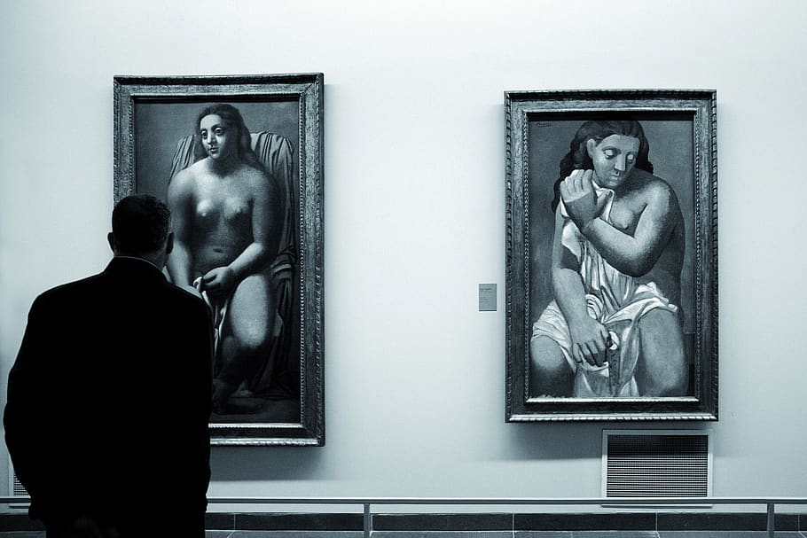picture 2 paintings, person, human, art, paris, art gallery, appreciating HD wallpaper