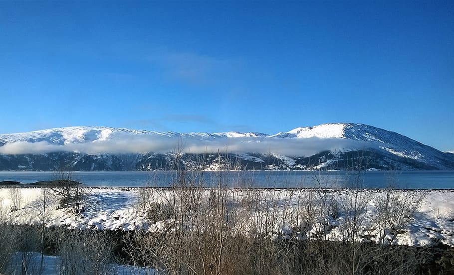 Landscape Photo of Body of Water Within Snow Coated Mountain Range HD wallpaper