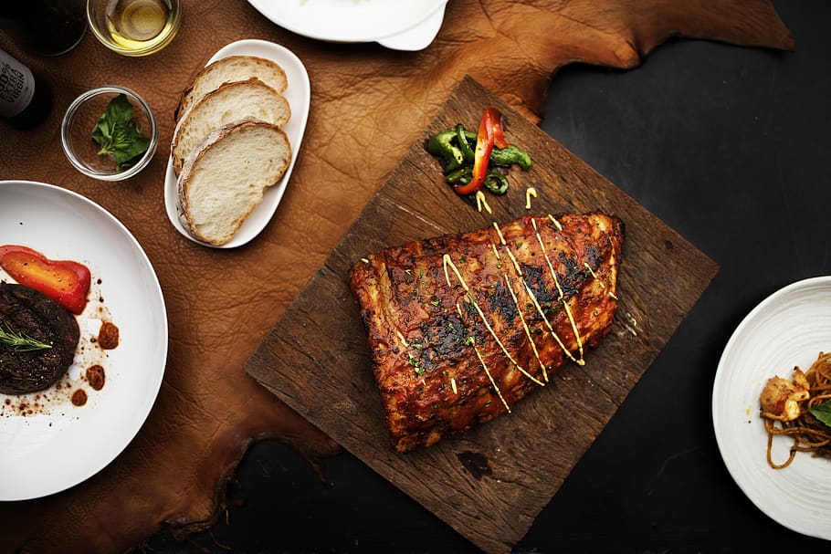 Flat Lay Photography of Grilled Meat on Brown Chopping Board HD wallpaper
