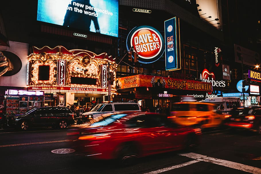 vehicles passing beside building, illuminated, city, mode of transportation HD wallpaper