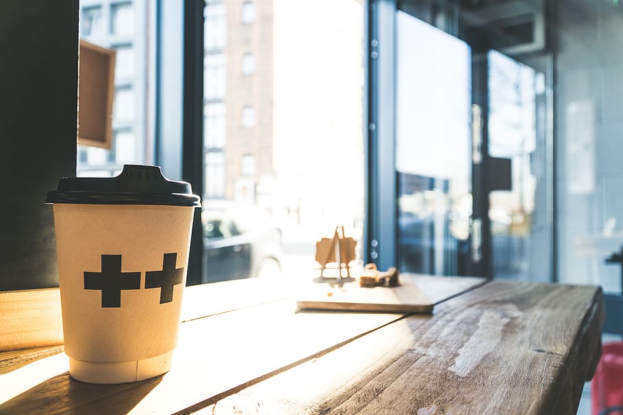 white cup, table, indoors, focus on foreground, day, wood - material HD wallpaper
