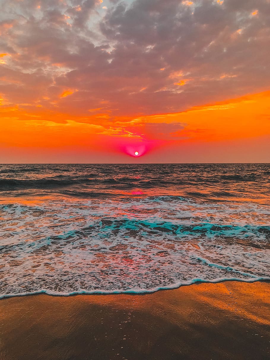 waves, sun, sea, red, saturation, overstaurated, sunset, sky HD wallpaper