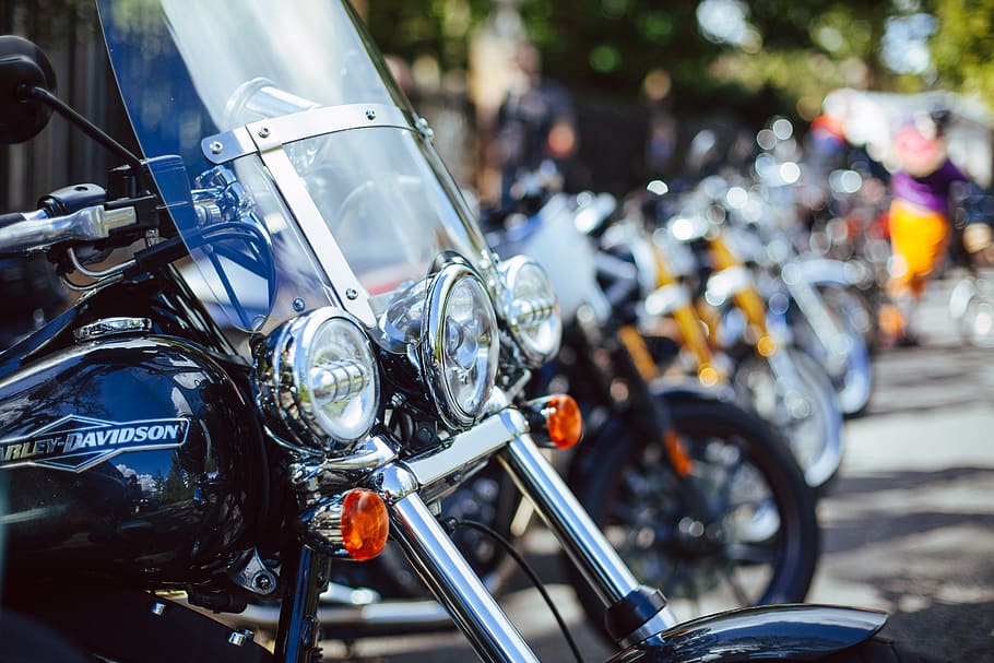 close up photo of Harley-Davidson touring motorcycle, transportation
