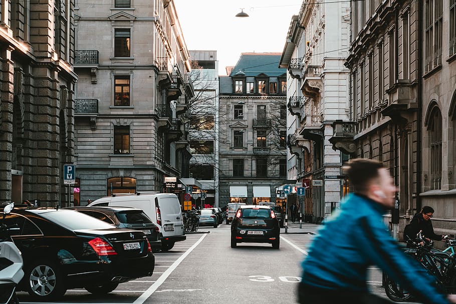 black car on road, city, architecture, building exterior, street HD wallpaper