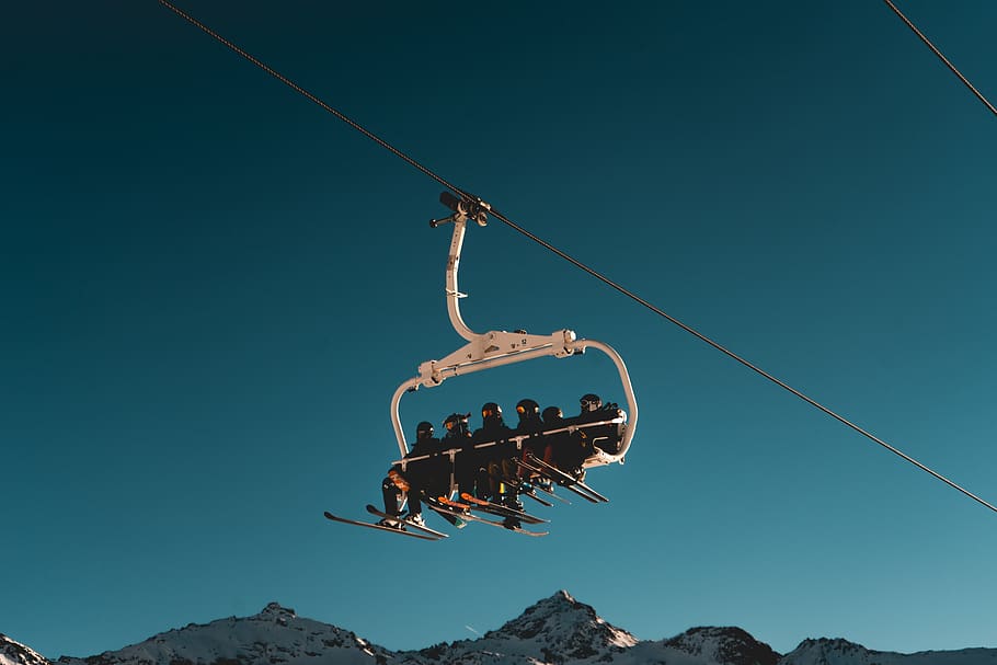 people riding a cable car, sky, low angle view, hanging, nature HD wallpaper
