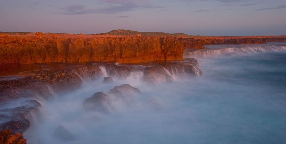 waterfalls on mountain, ocean, coast, sea, australia, quobba HD wallpaper