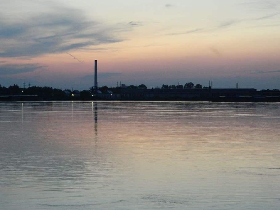 sunset, water, river, factory, towers, industrial, area, danube HD wallpaper