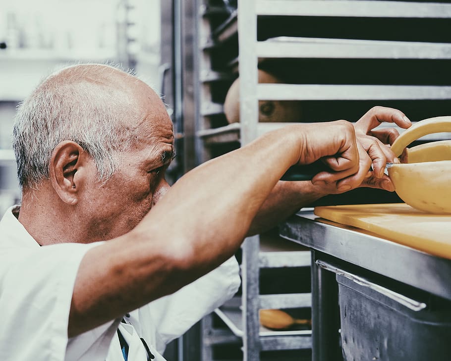 people, man, old, baker, restaurant, bakeshop, pastries, bread HD wallpaper