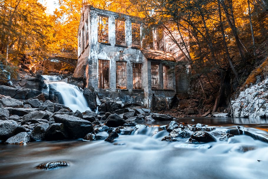 canada, chelsea, carbide willson ruins, forest, water, sky, HD wallpaper