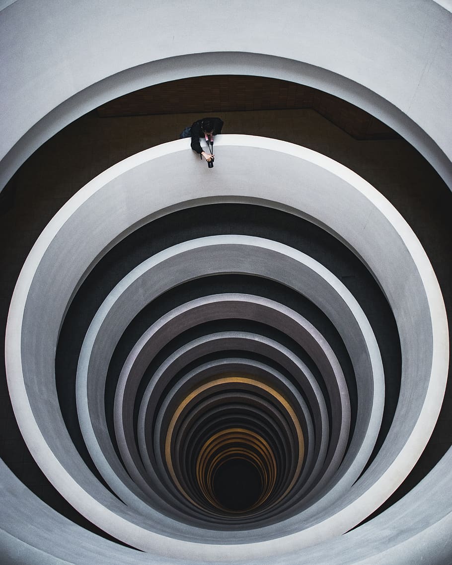 white spiral stairs, architecture, built structure, one person HD wallpaper