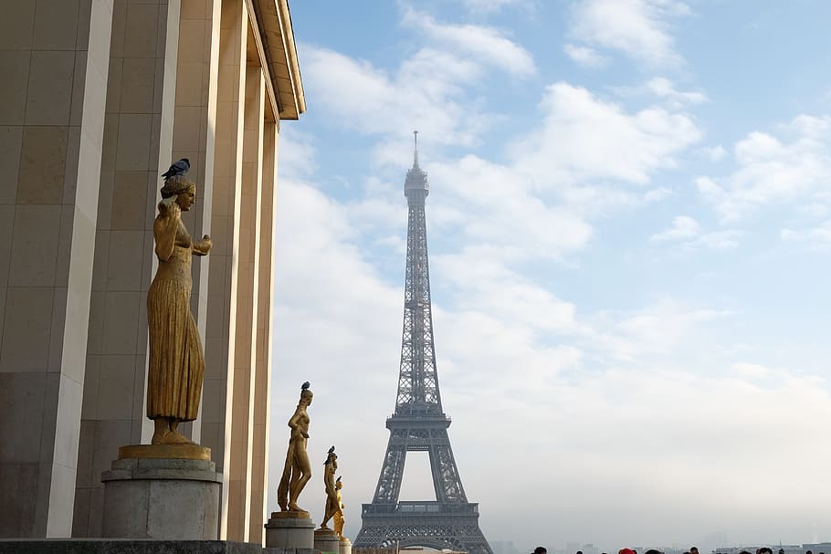 eiffel tower, statue, sculpture, paris, clouds, sky, gold, city HD wallpaper