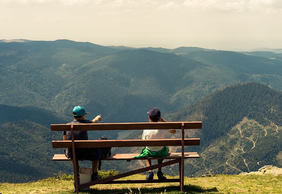 two boys sitting on brown bench, kids, mountain, view, look, direction, HD wallpaper