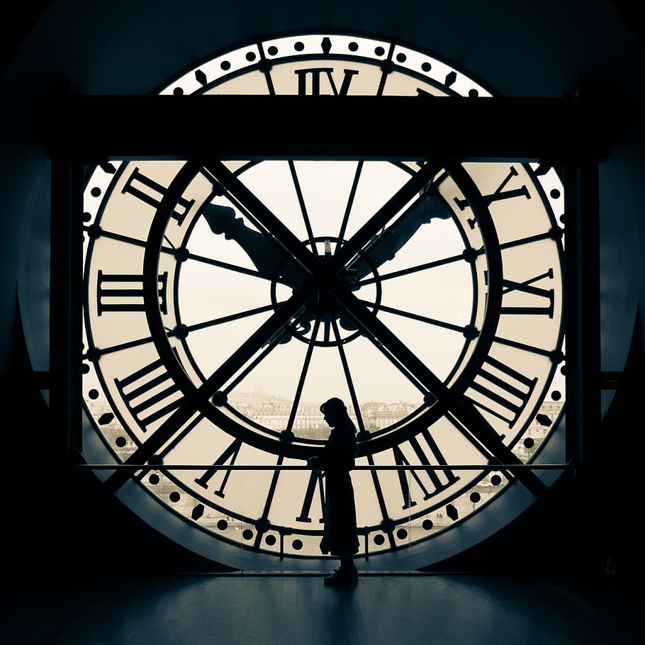 person standing beside wall clock, time, clock face, geometric shape HD wallpaper