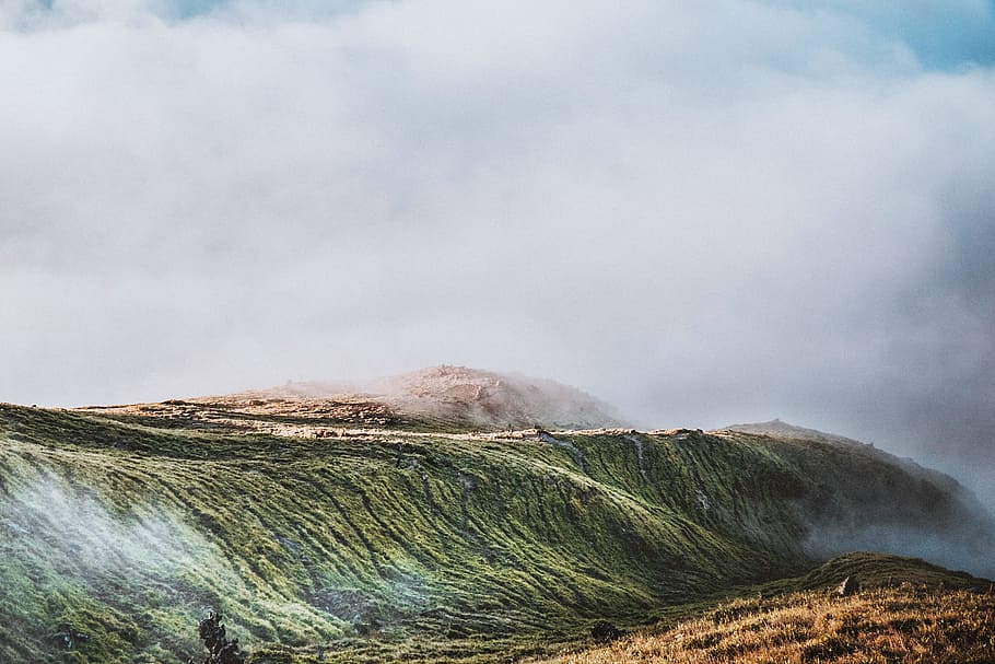 Green Hills Covered With Fog, adventure, clouds, daylight, environment HD wallpaper