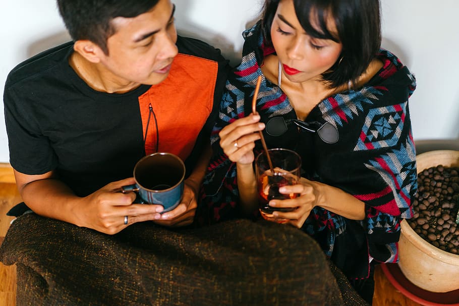 Man And Woman Holding Drinks, attractive, beverage, coffee, couple HD wallpaper