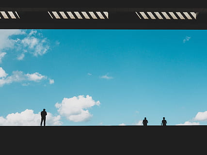 silhouette of three person against blue sky, cloud, building HD wallpaper