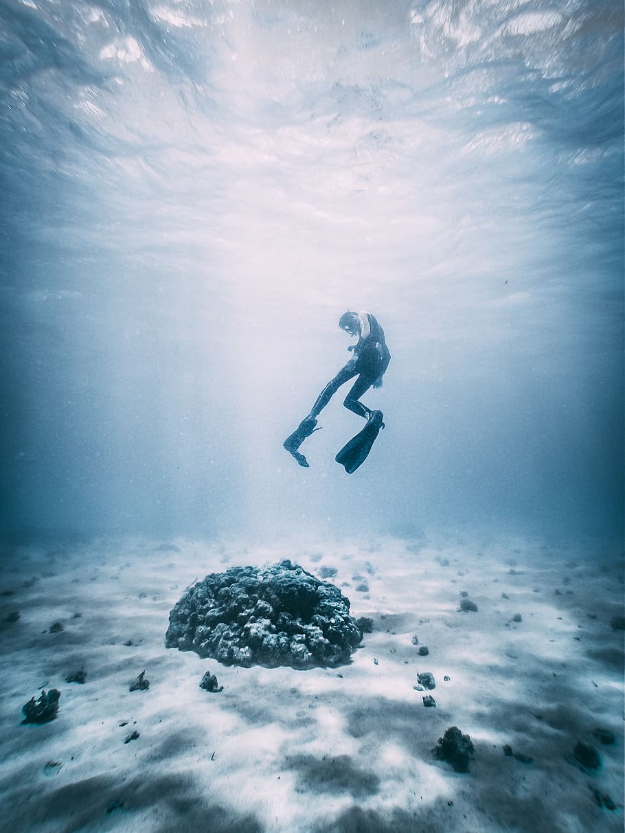 person dividing water, sport, sea, adventure, underwater, scuba diving, HD wallpaper