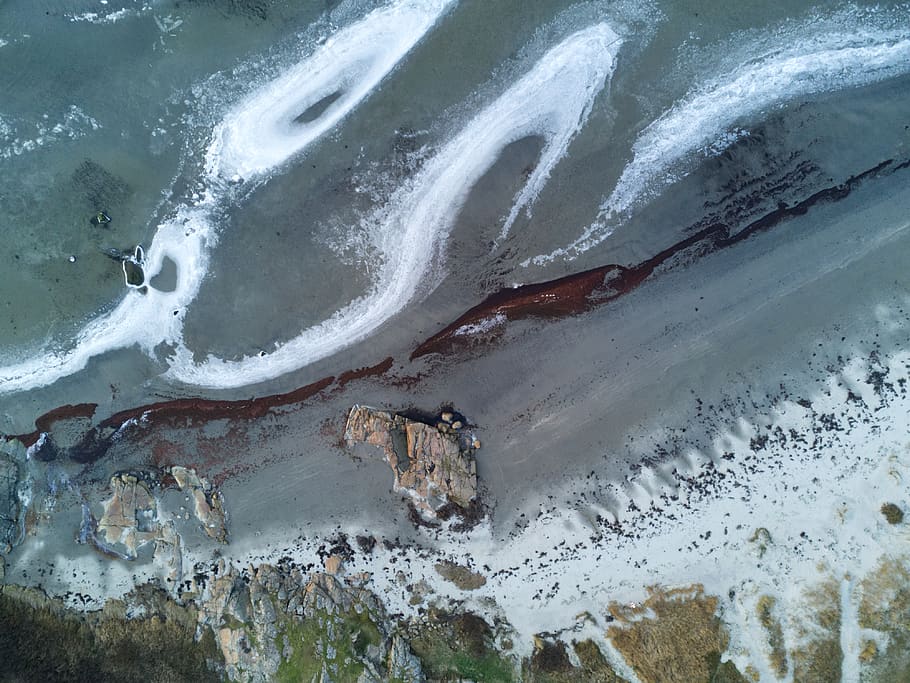 white and black concrete surface, water, nature, drone, sea, shore HD wallpaper