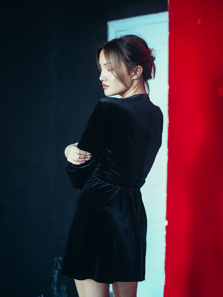 women's black silk long-sleeved dress, clothing, apparel, long sleeve, HD wallpaper