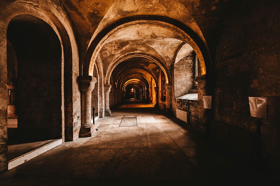 brown concrete building, interior, archway, sunlight, shadow HD wallpaper