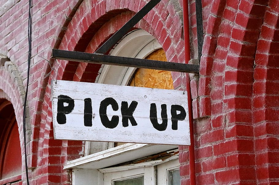 brick, wall, pick up, sign, feed store, rustic, text, communication HD wallpaper