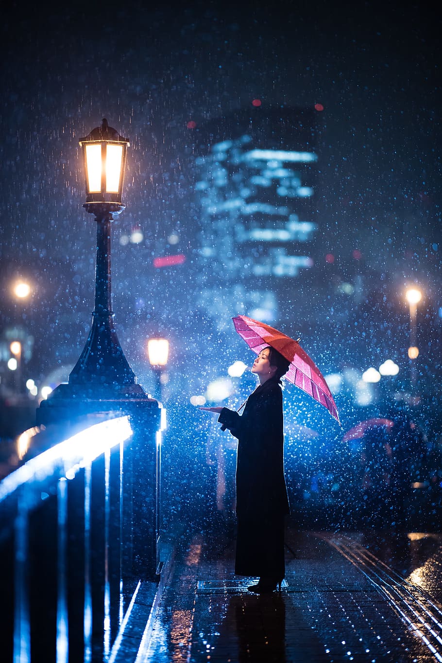 woman using umbrella standing near bridge light post, rain, weather