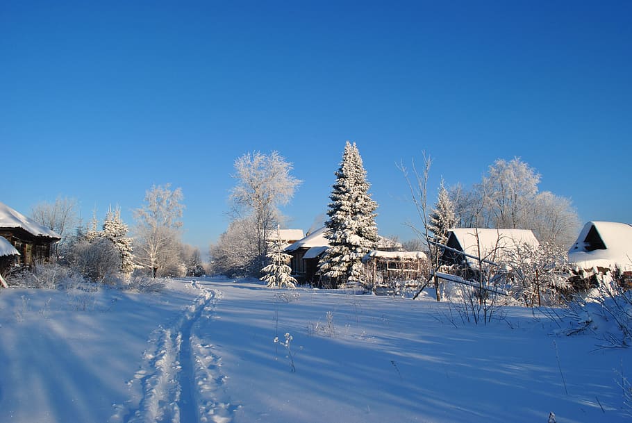 winter, snow, landscape, sky, village, cold temperature, built structure HD wallpaper