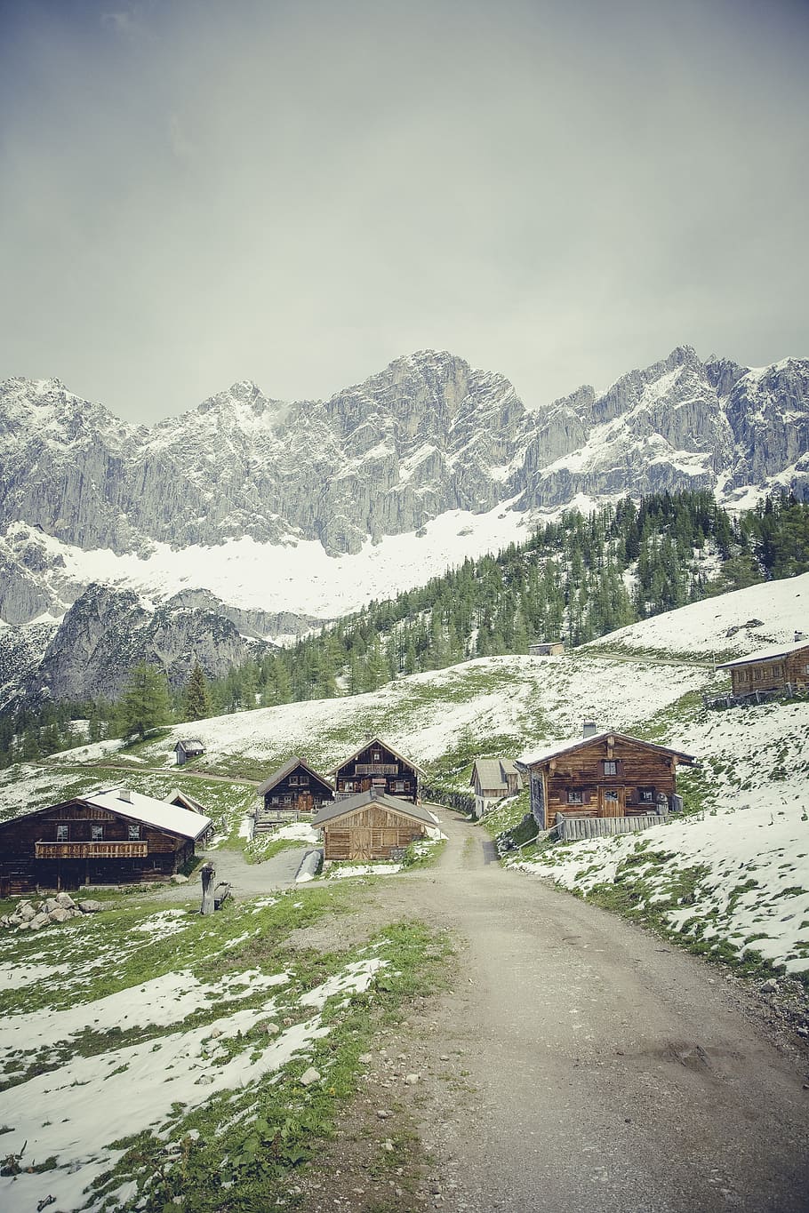 Brown Concrete House Near Green and White Snow, cloudy, dark clouds HD wallpaper