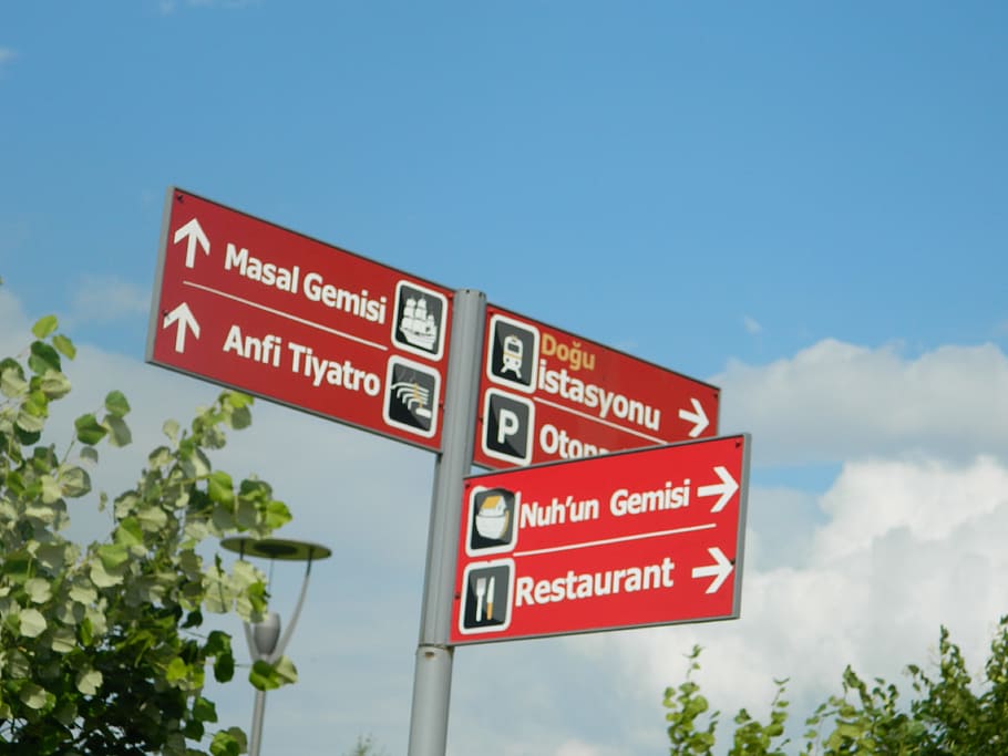 signs, red, point, arrows, turkish, sky, communication, text HD wallpaper