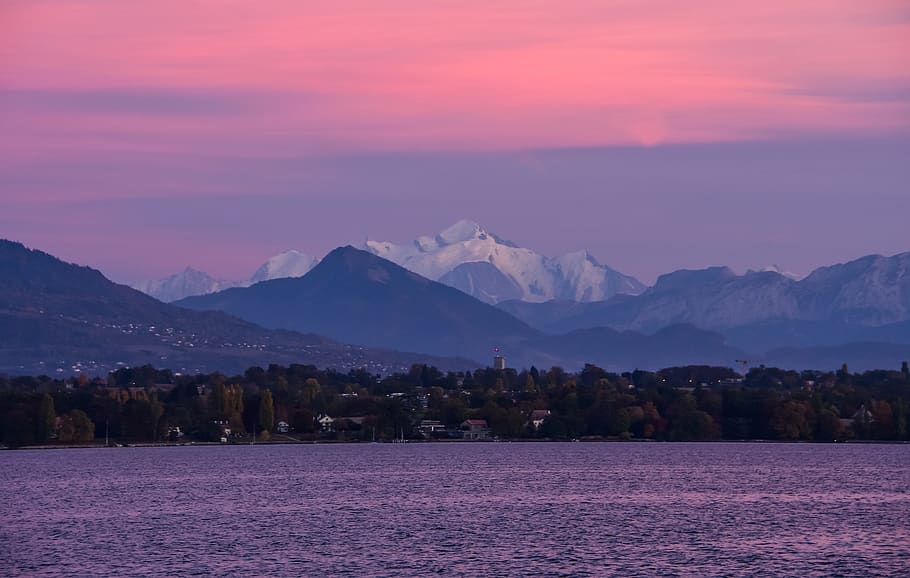 mountain, lake, landscape, summit, sky, sunset, twilight, lake geneva HD wallpaper