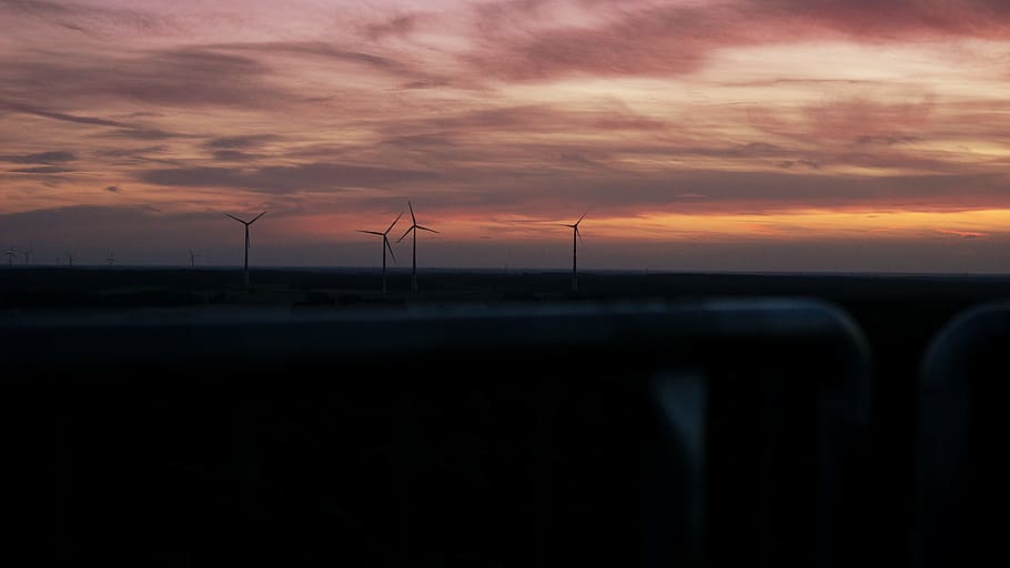 Windmill during Sunset, backlit, clouds, dawn, dusk, electricity HD wallpaper