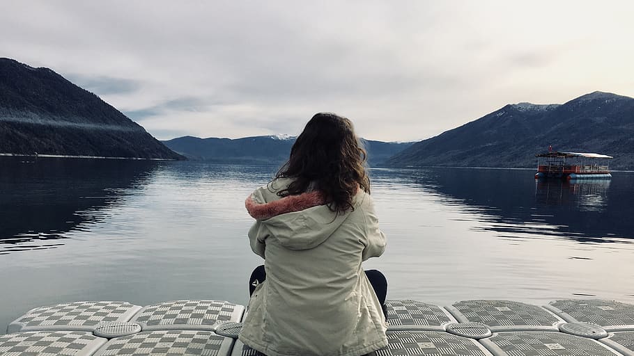 Woman Wearing Gray Jacket in Front of Body of Water, boat, clouds HD wallpaper