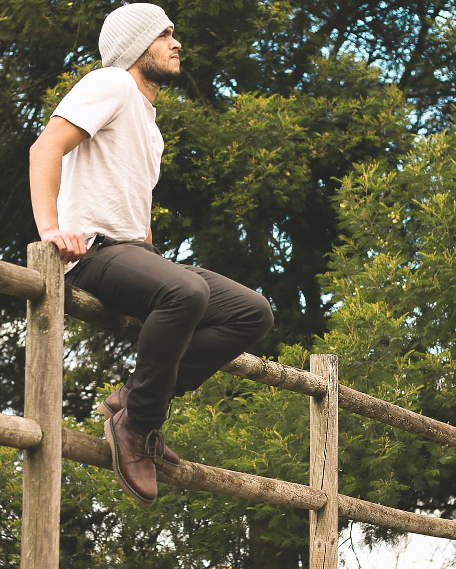 fence, tree, man, chill, thinker, nature, plant, one person HD wallpaper