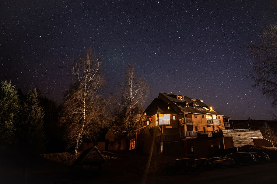 lighted house during night time, nature, outdoors, rural, countryside HD wallpaper