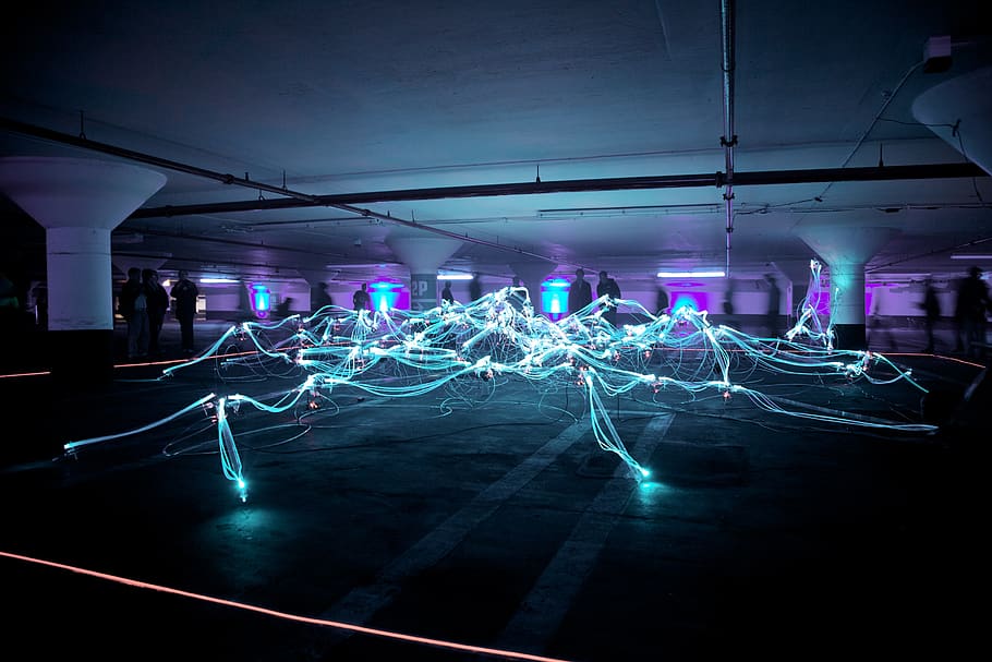 linked neon lights under white painted basement, illuminated HD wallpaper