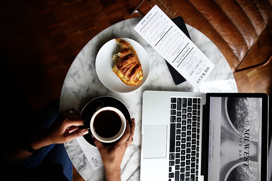 Macbook Pro and a Cup of Coffee on Table, bread, caffeine, coffee cup HD wallpaper