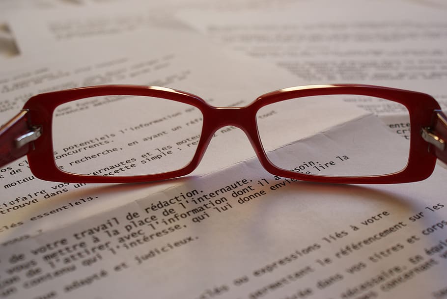 Red Framed Eyeglass on Top of Paper, blur, close-up, document HD wallpaper