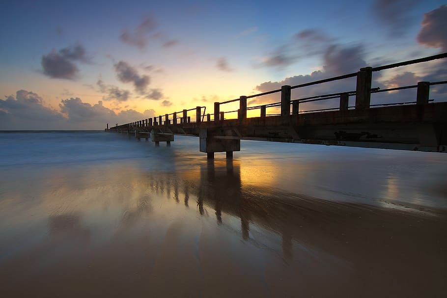 Scenic View of Sea Against Sky at Sunset, beach, bridge, dawn HD wallpaper