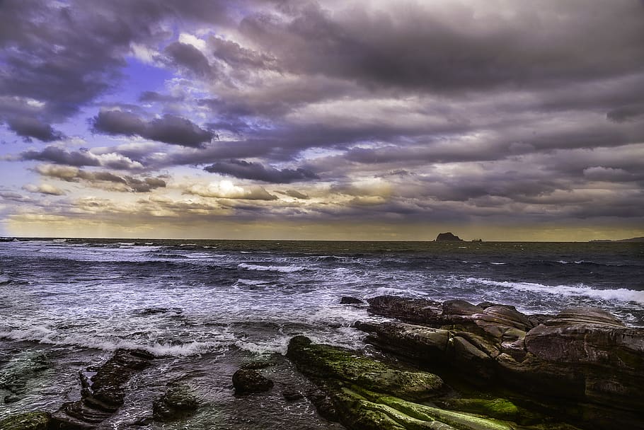 cost line, rock, cloud, ocean, cloud - sky, sea, water, beauty in nature HD wallpaper