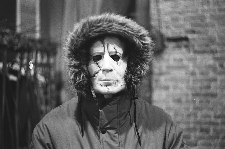Person Wearing Mask and Jacket Standing, black and white, masked HD wallpaper