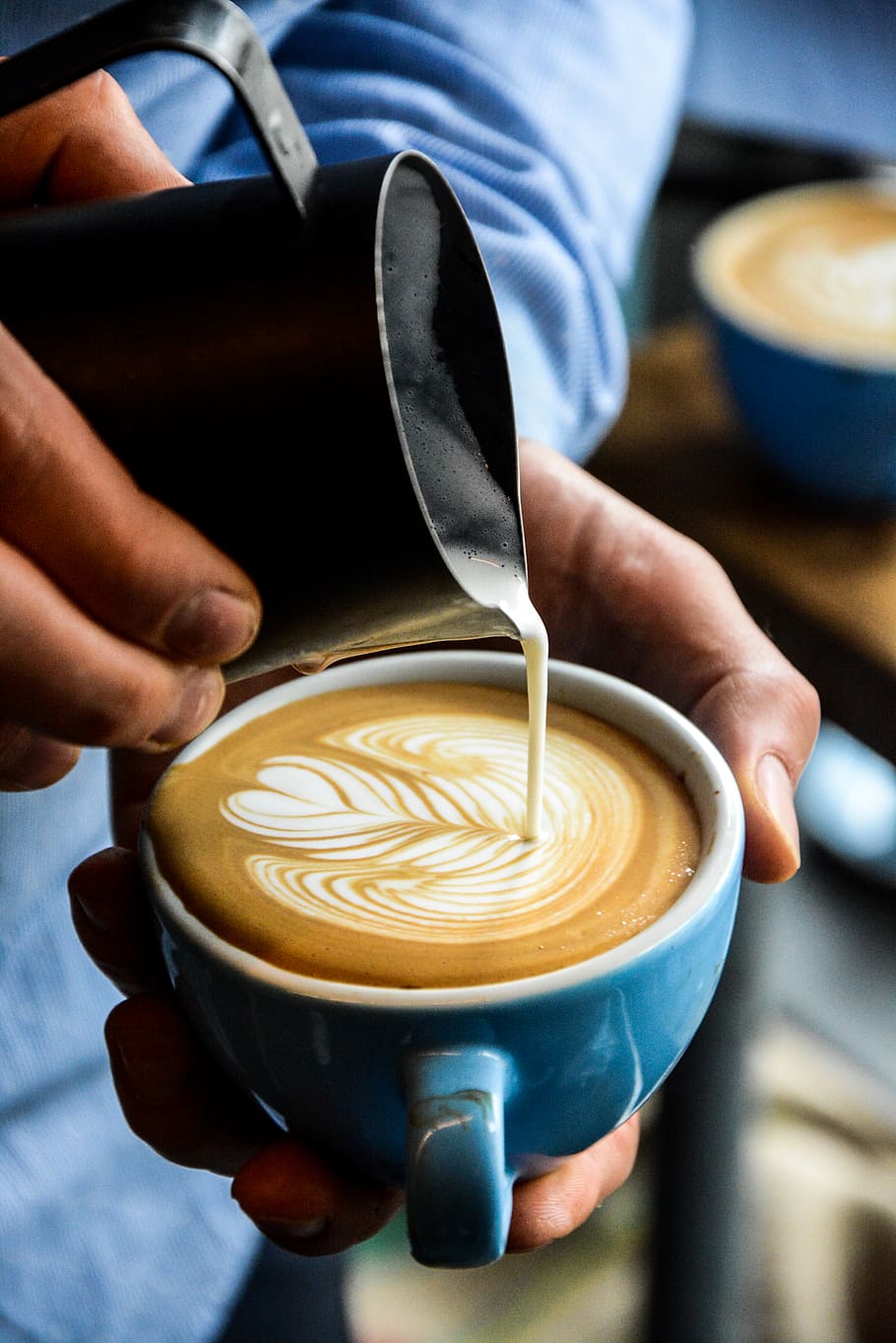 coffee, art, latte art, milk, rosetta, hand, blue, pour, hipster