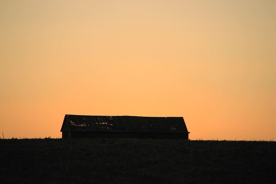 barn, abandoned, skyline, sunset, orange color, silhouette HD wallpaper