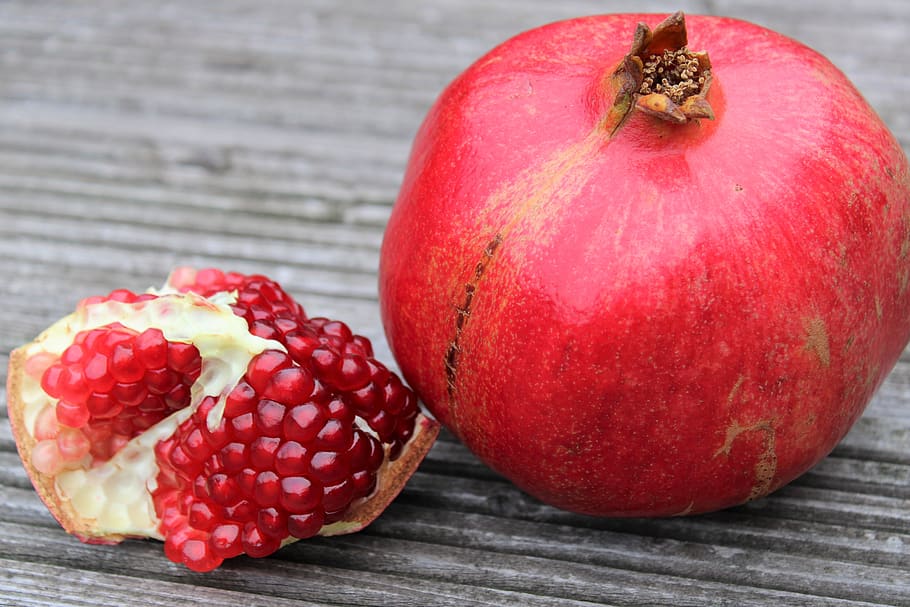 pomegranate, exotic fruits, cut, sliced, open, seeds, nature